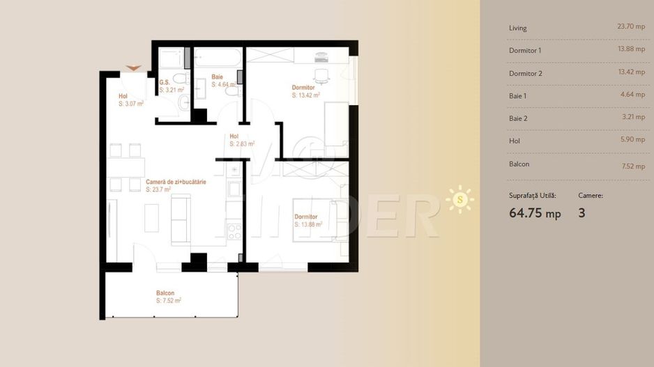 Vanzare 3 camere 65 mp plus balcon, zona VIVO - Poză 3