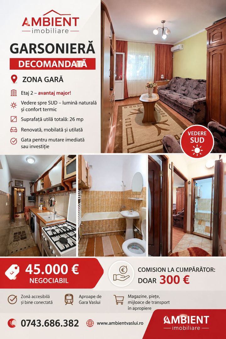 Apartament cu 1 cameră, ETAJ 2, VASLUI - zona FEROVIARI; - Poză 1