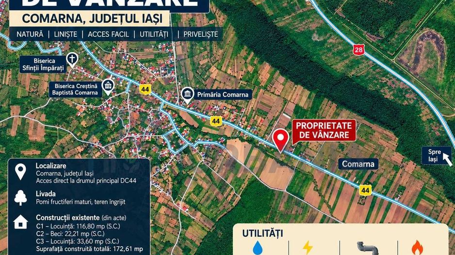Proprietate de vânzare în comuna Comarna, județul Iași: teren intravilan și extravilan, livadă, vie și construcții existente - Poză 1