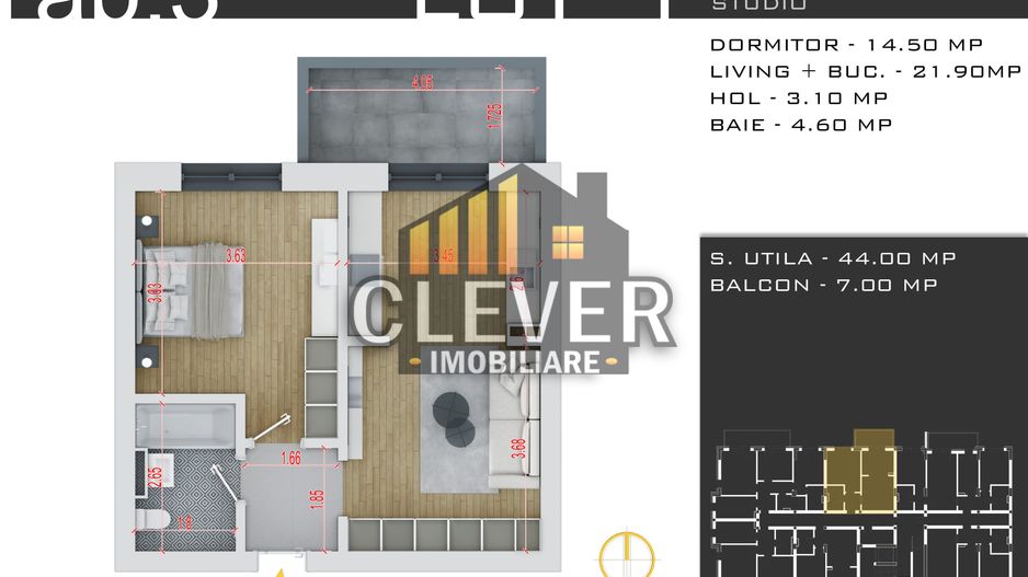 Studio Spațios 44mp - Zona Pallady - Încălzire Pardoseală - Comision 0% - Schiță 8