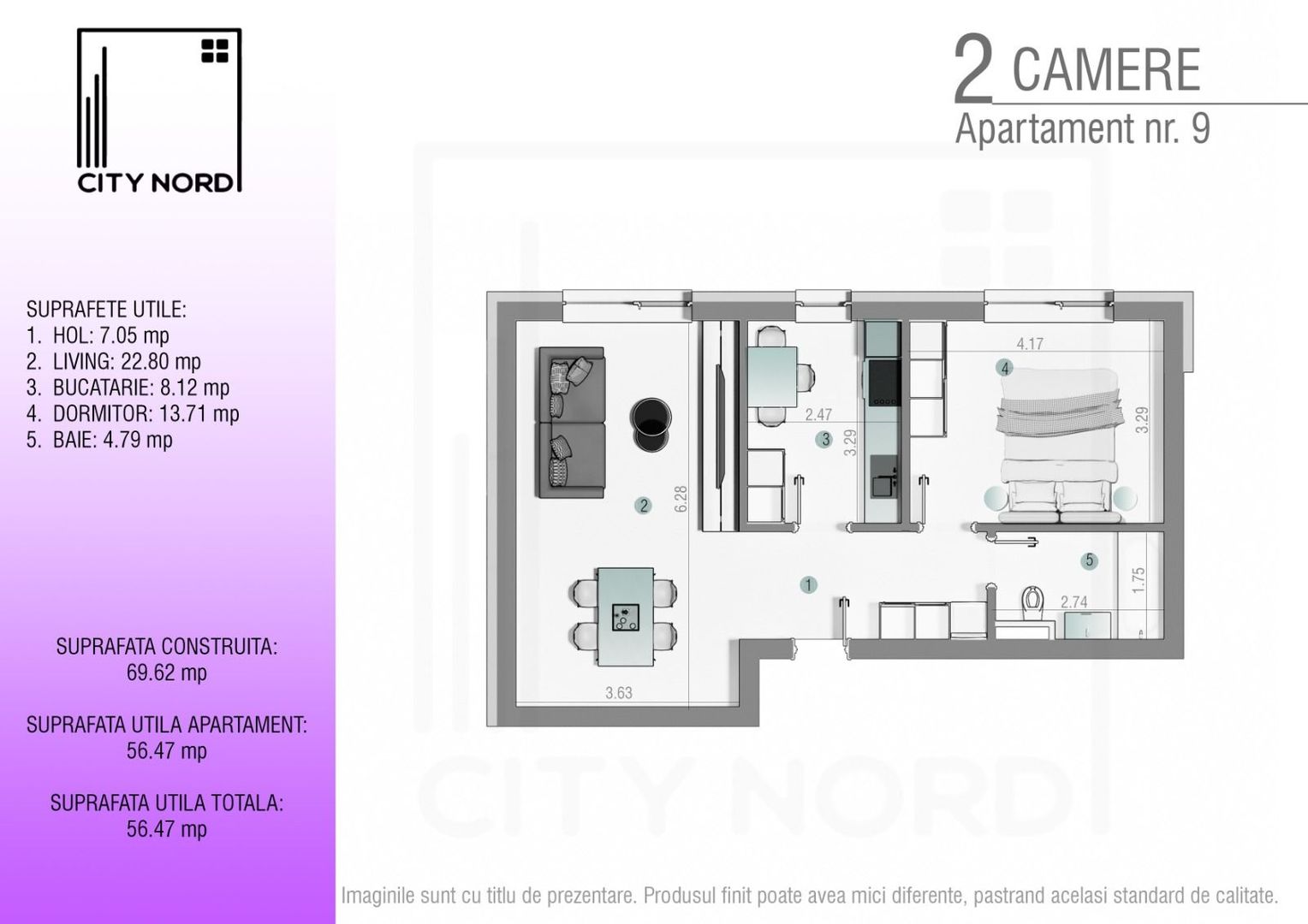 Apartament 9 – 2 camere – 56.5 mp – Parter - Poză 1
