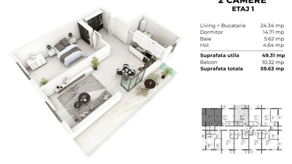 2 camere spatios predare la cheie 58 mp - Poză 1