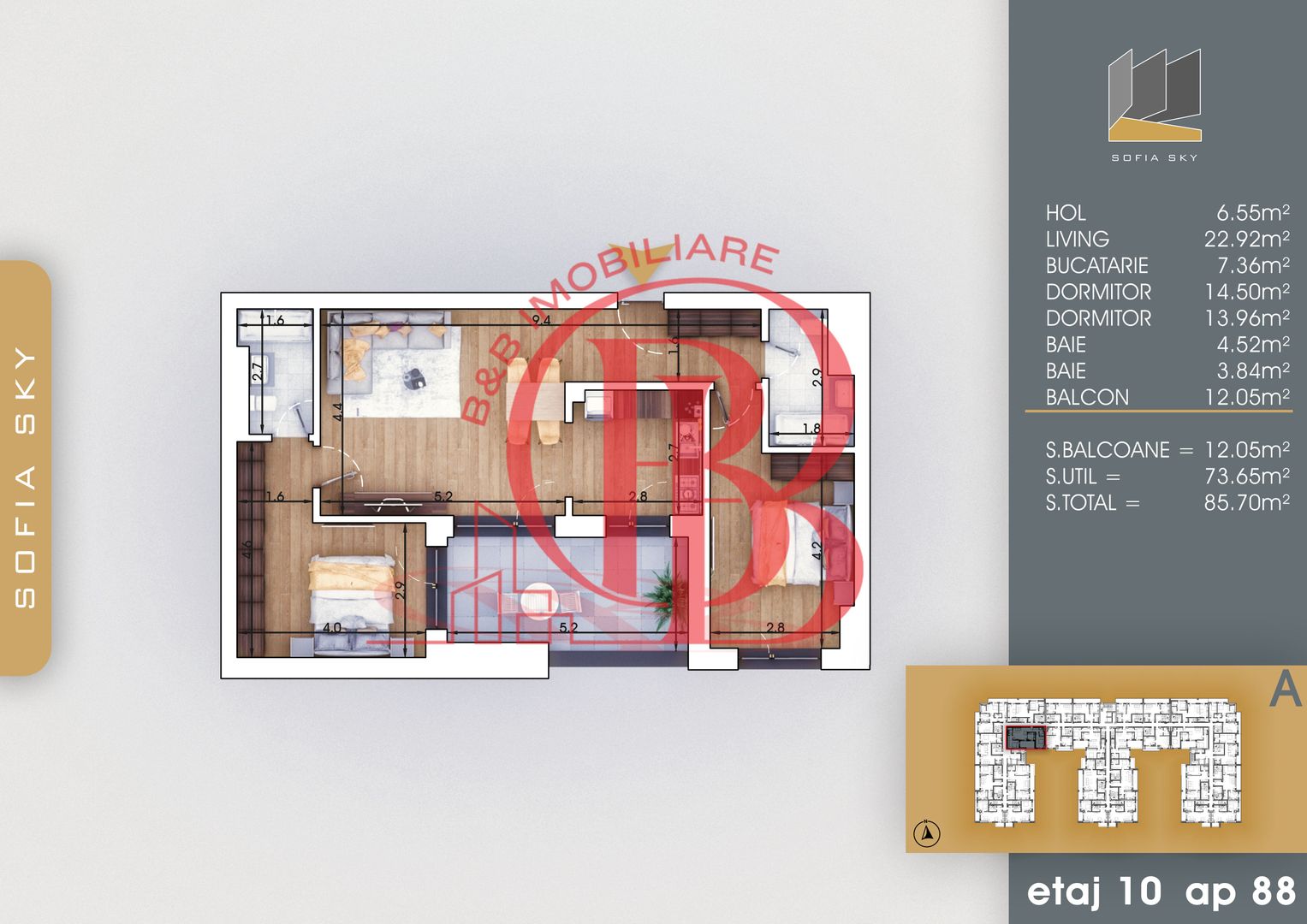 3 camere Bloc Finalizat Incalzire in pardoseala 7 min Metrou - Schiță 2