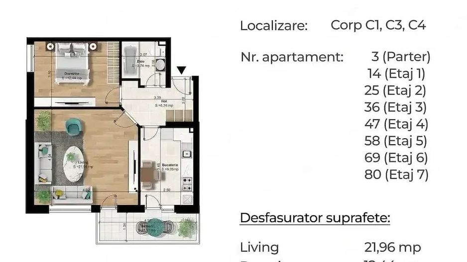 Apartament 2 camere decomandat | 60,84 mp | Balcon generos - Poză 7
