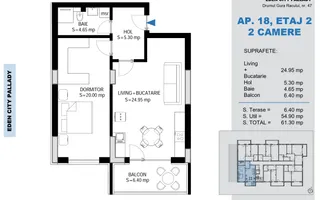 2 Camere | 61,3 mp | Dormitor 20 mp | Pallady | Comision 0% - Schiță 12