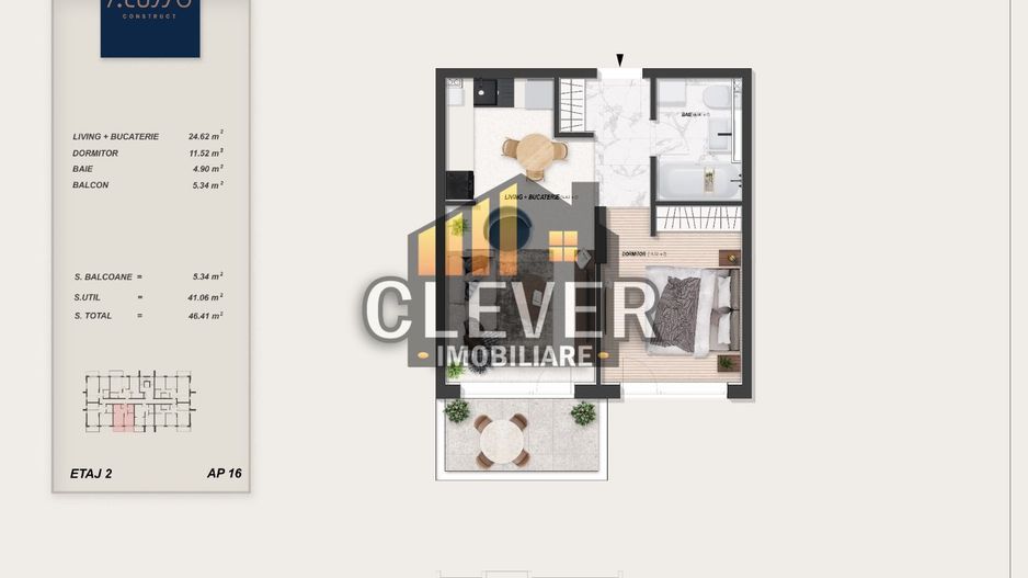 Studio 46 mp Total | Dormitor Separat | Bloc Nou P+3 | Pallady - Schiță 9