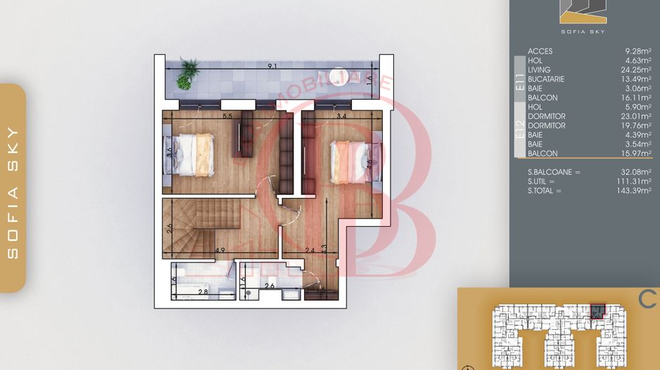 Finalizat-Mutare Rapida la 7min Metrou Duplex 3 camere cu 3 bai - Schiță 3