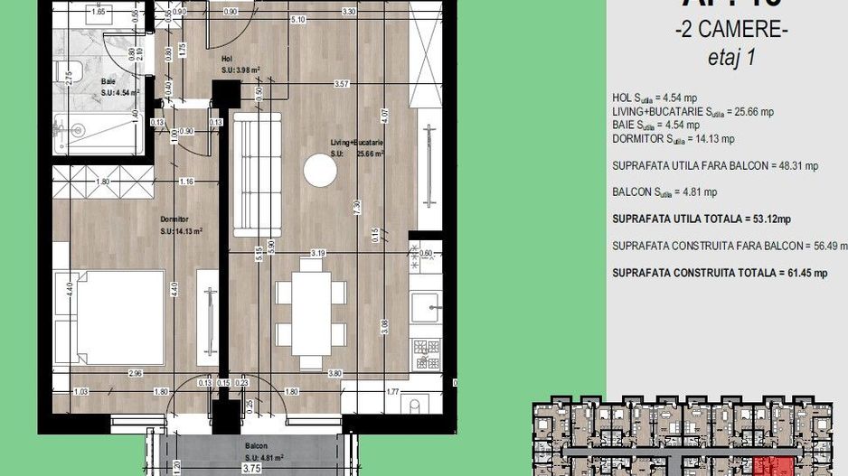 Apartament nou de vânzare Otopeni – 2 camere, balcon, parcare inclusă - Schiță 7