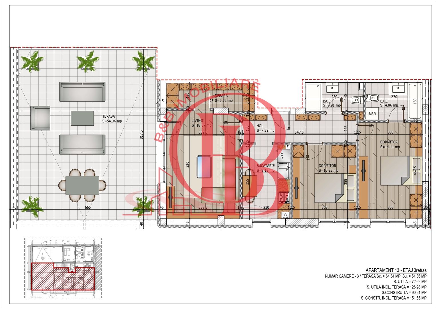 Apartament 3 camere decomandate cu Terasa Comision 0 - Schiță 13