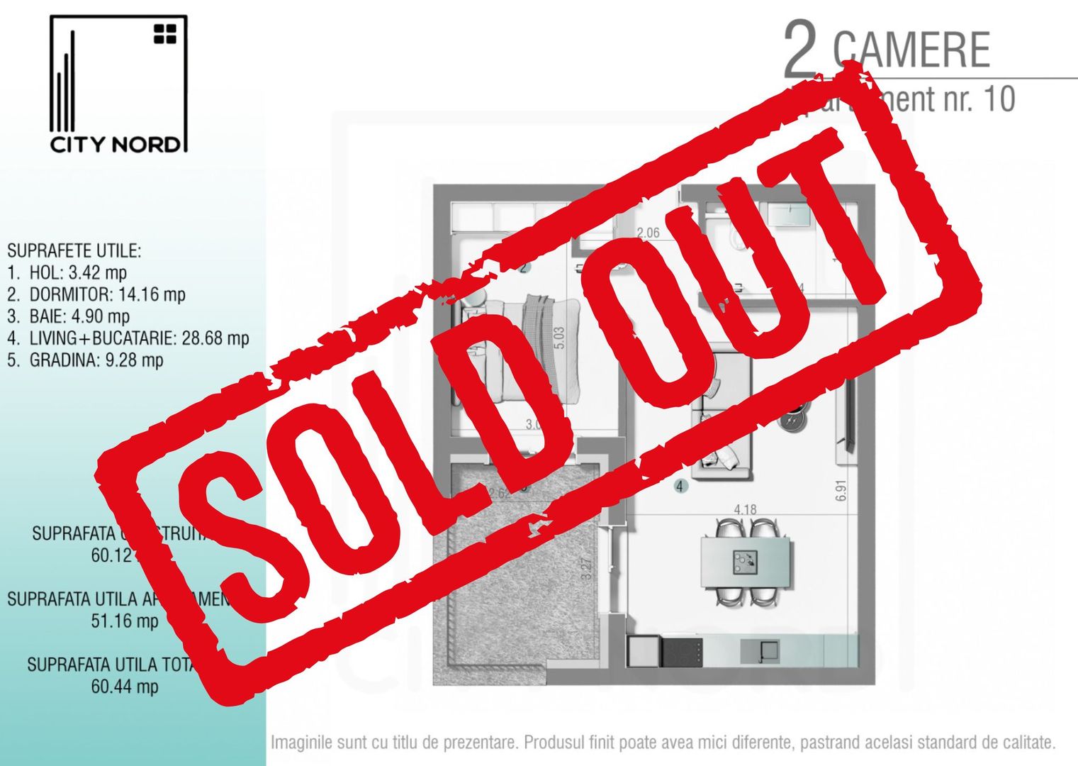 Apartament 10 – 2 camere – 51.2 mp – Grădină – Parter - Poză 1