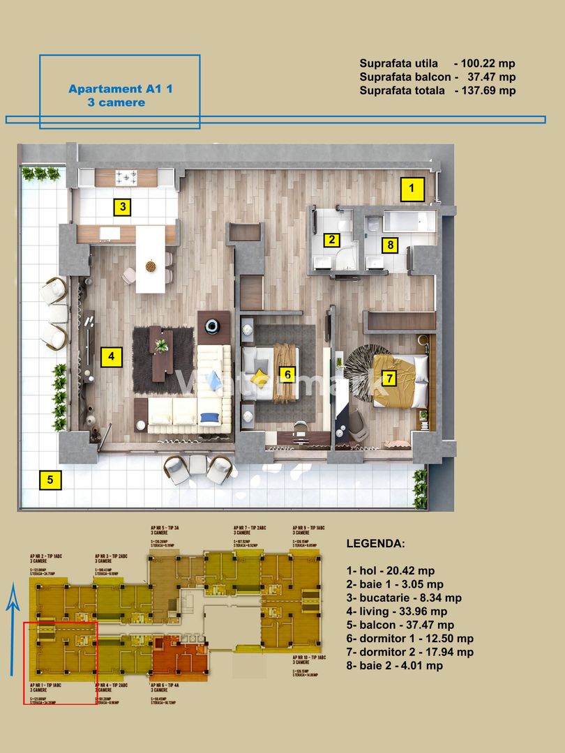 Apartament 3 camere Tip A1 1 - Schiță 4