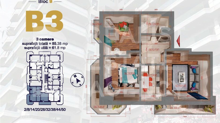 Apartament cu 3 camere, de tip B3 - Royal Town Copou - Poză 1