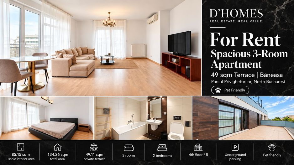 For Rent | Spacious 3-Room Apartment | 49 sqm Terrace | Băneasa - Poză 1