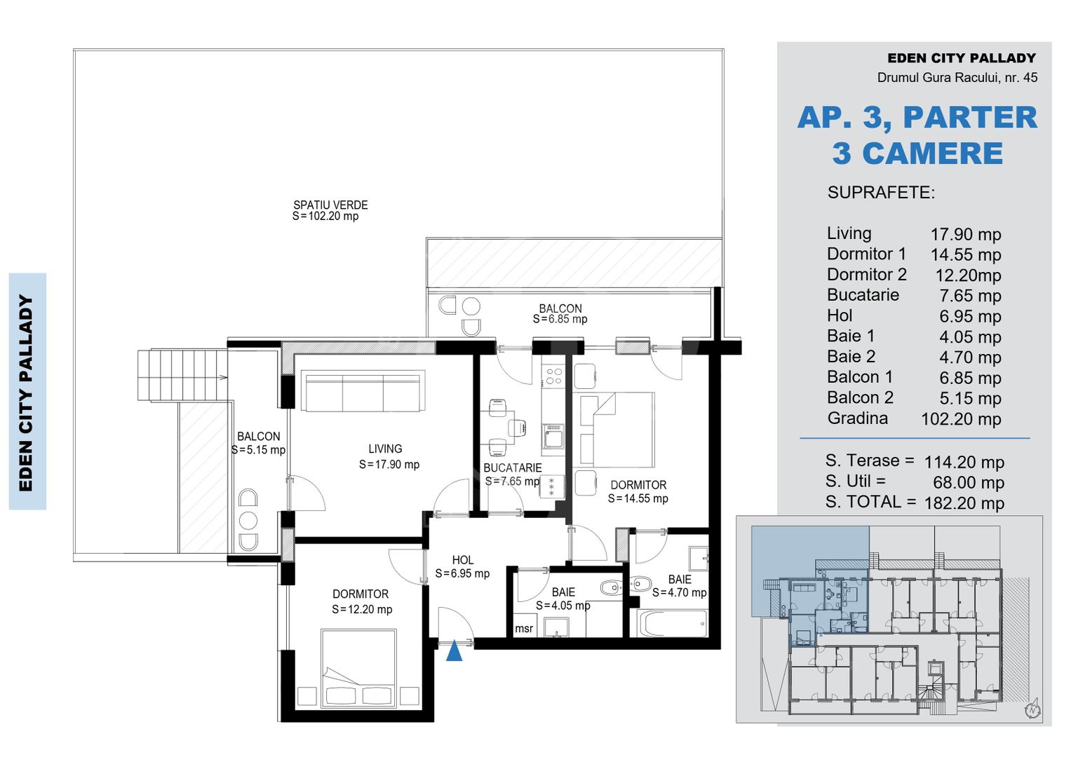 3 Camere cu gradina 102mp -Titan Pallady-Metrou Teclu - Schiță 2