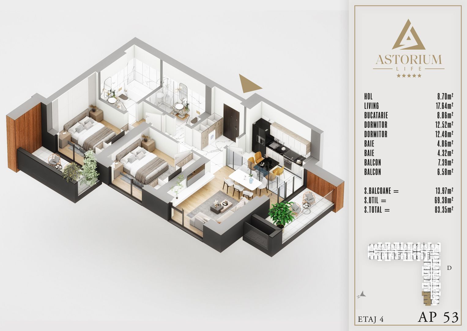3 camere izolatie fonica proiect premium Titan Pallady - Schiță 1