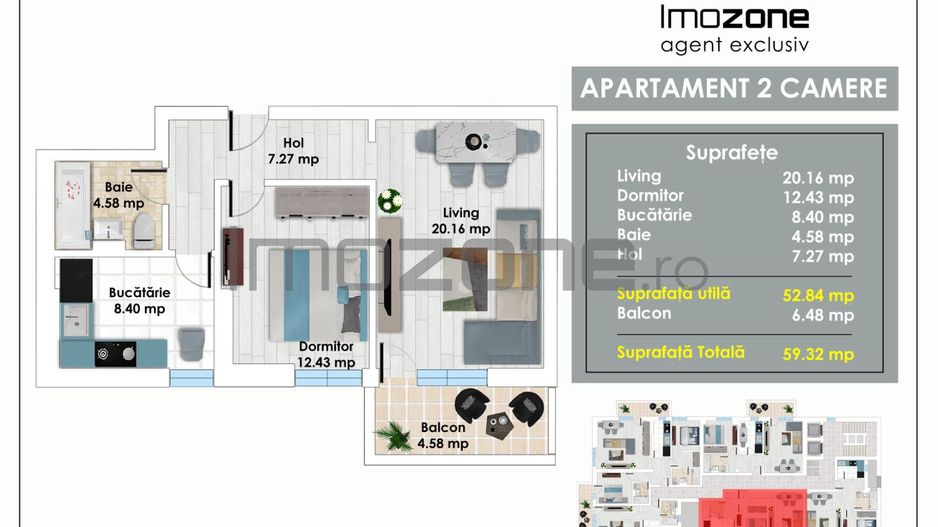 Apartament Spatios cu 2 Camere, 59 mp, Balcon, Bucatarie Inchisa, langa Metrou - Poză 1