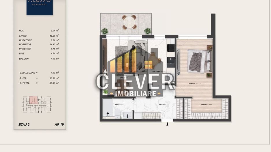 2 Camere | Dressing | Balcon 7,63 mp | Bloc Nou P+3 | Pallady - Schiță 9