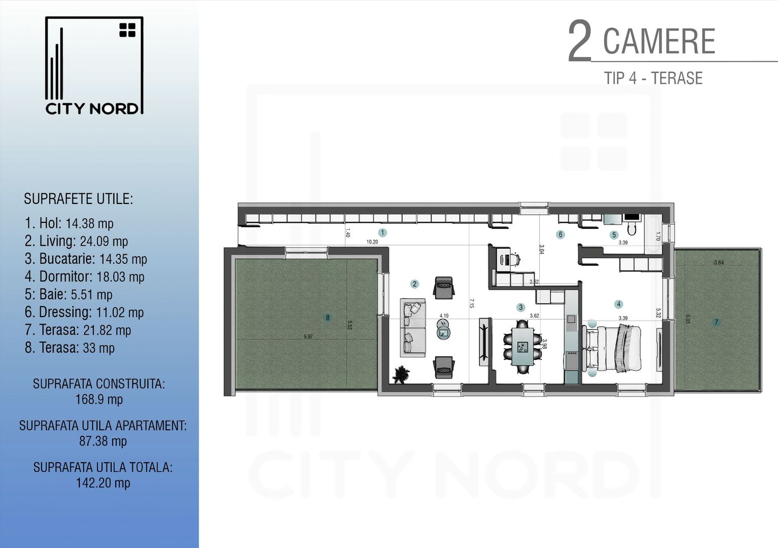Apartament 2 camere cu 2 terase  - 142.2 mpu - CITY NORD 1 Decembrie - Schiță 1