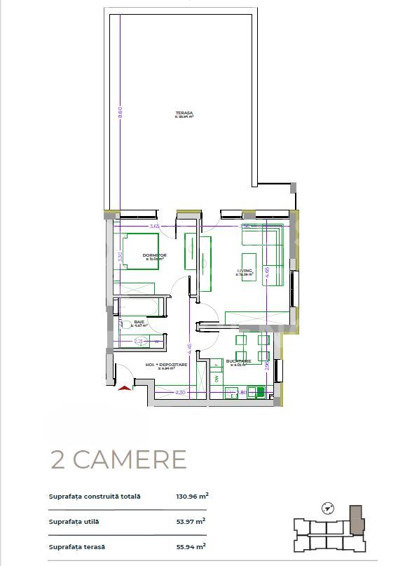 Vânzare, apartament cu 2 Camere +Terasa generoasă, zona Tractorul - Schiță 4