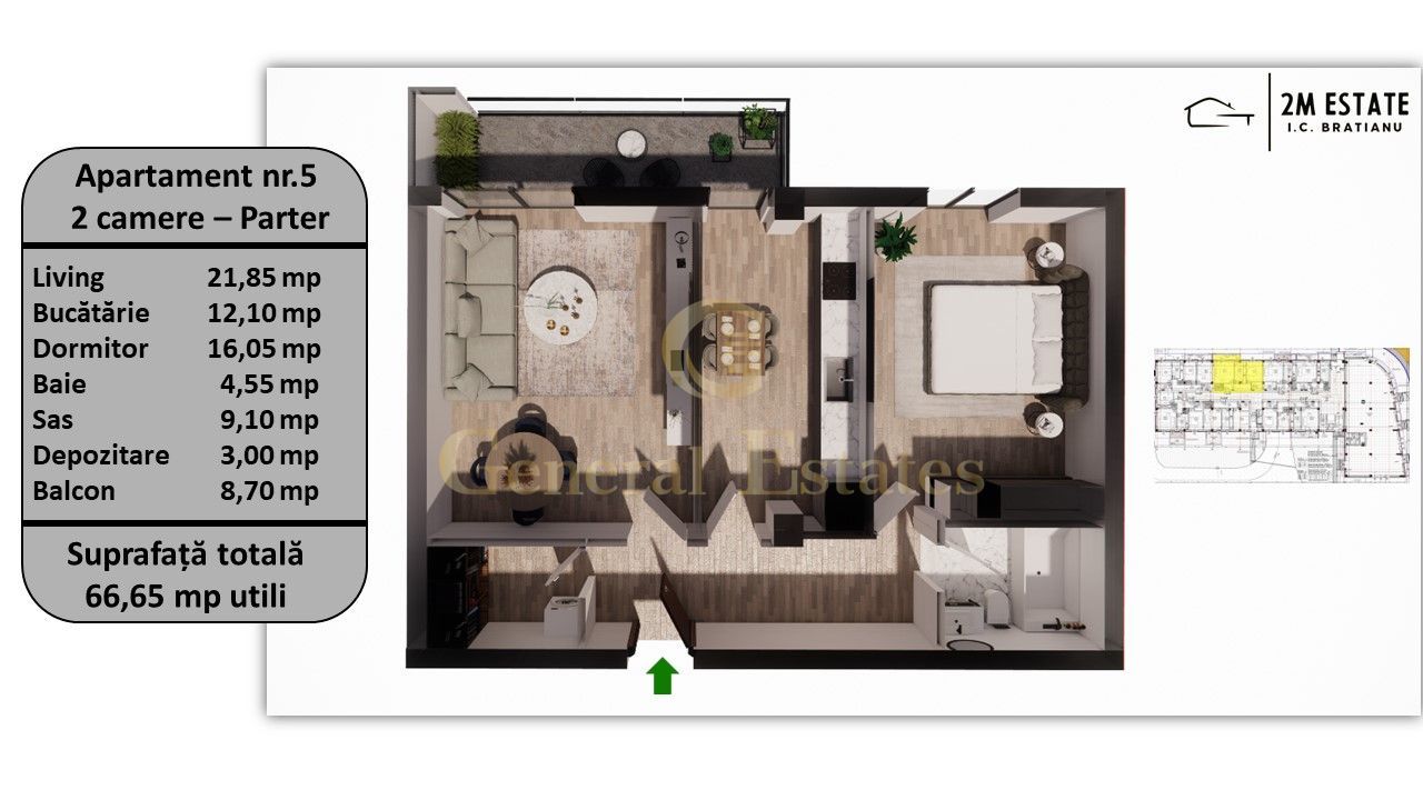 Apartament 2 camere, Parter, 65 mp utili + balcon, orientare Vestica - Poză 26