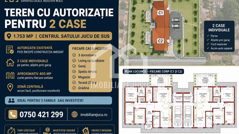 Teren cu autorizație pentru 2 case – 1.753 mp | Jucu de Sus - Poză 1