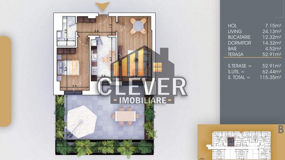 Apartament Decomandat 2 camere cu Terasa 53mp - Poză 1