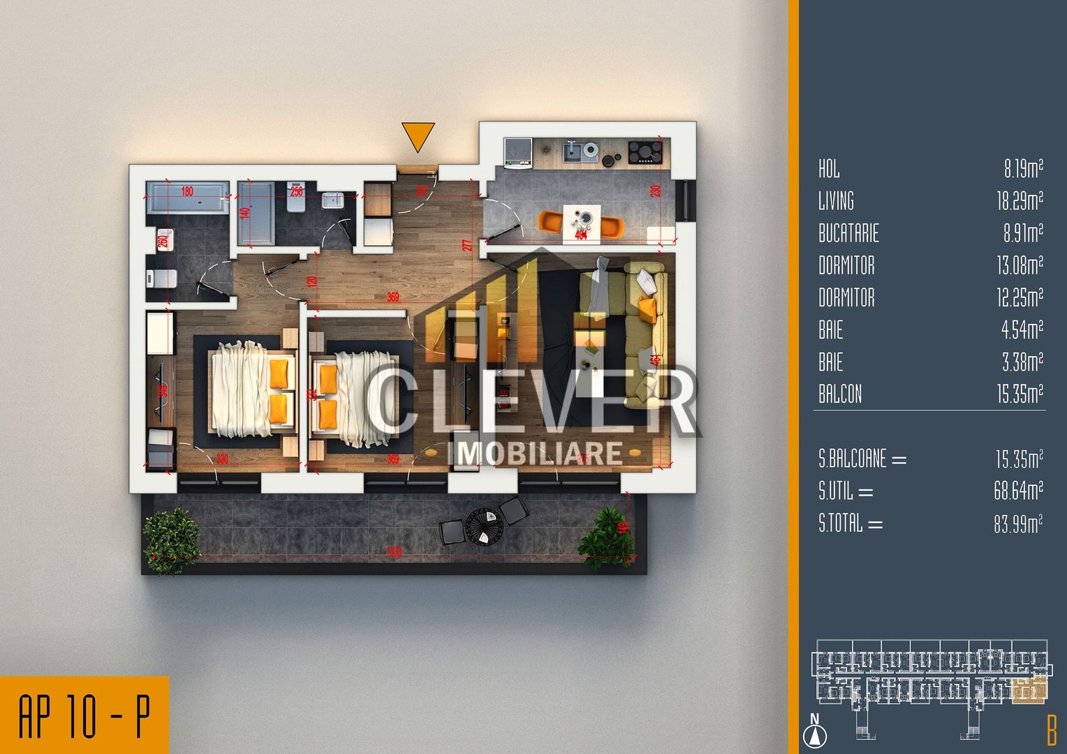 Apartament 3 camere decomandat | Balcon 15 mp - Pallady - Schiță 3