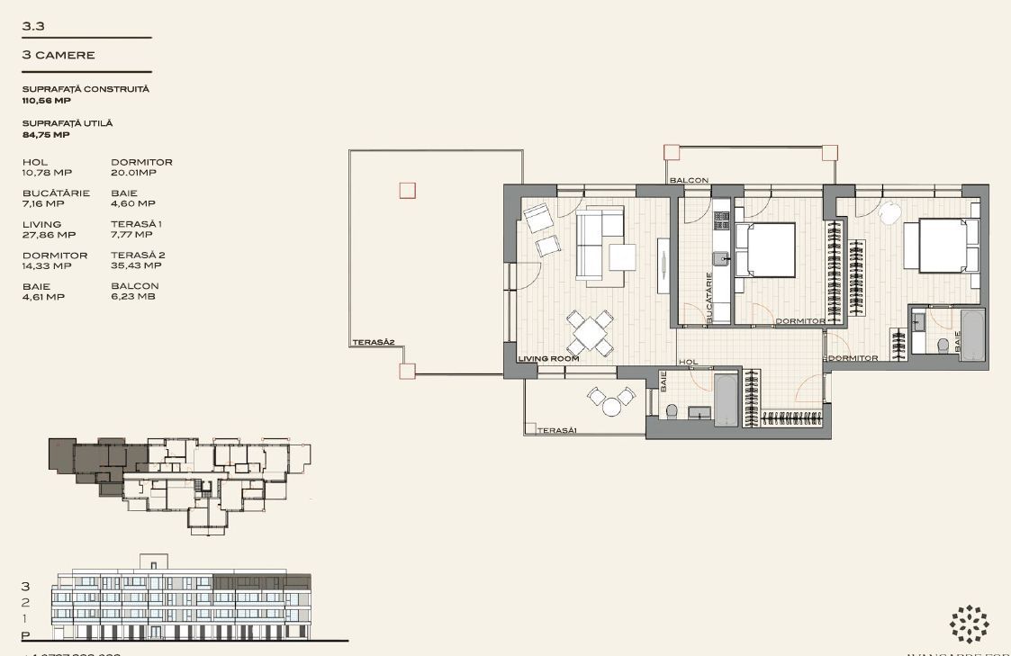 Apartament 3 camere, 2 bai, 2 terase + balcon - Poză 2