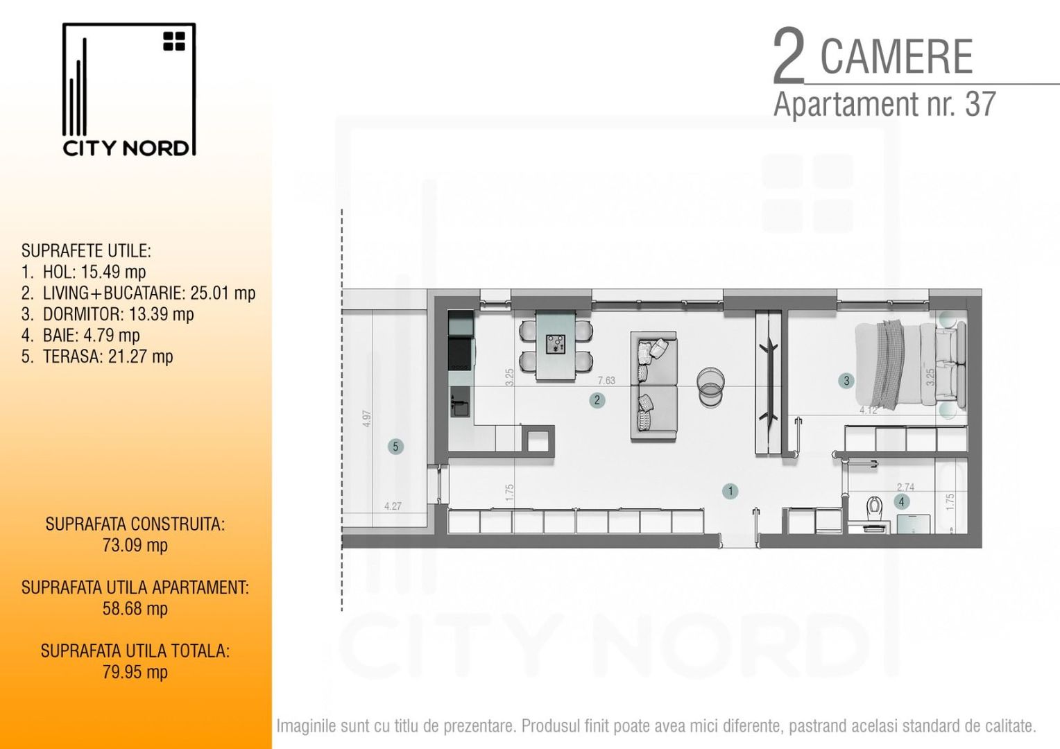 Apartament 37 – 2 camere – 58.7 mp – Terasă – Etaj 3R - Poză 1