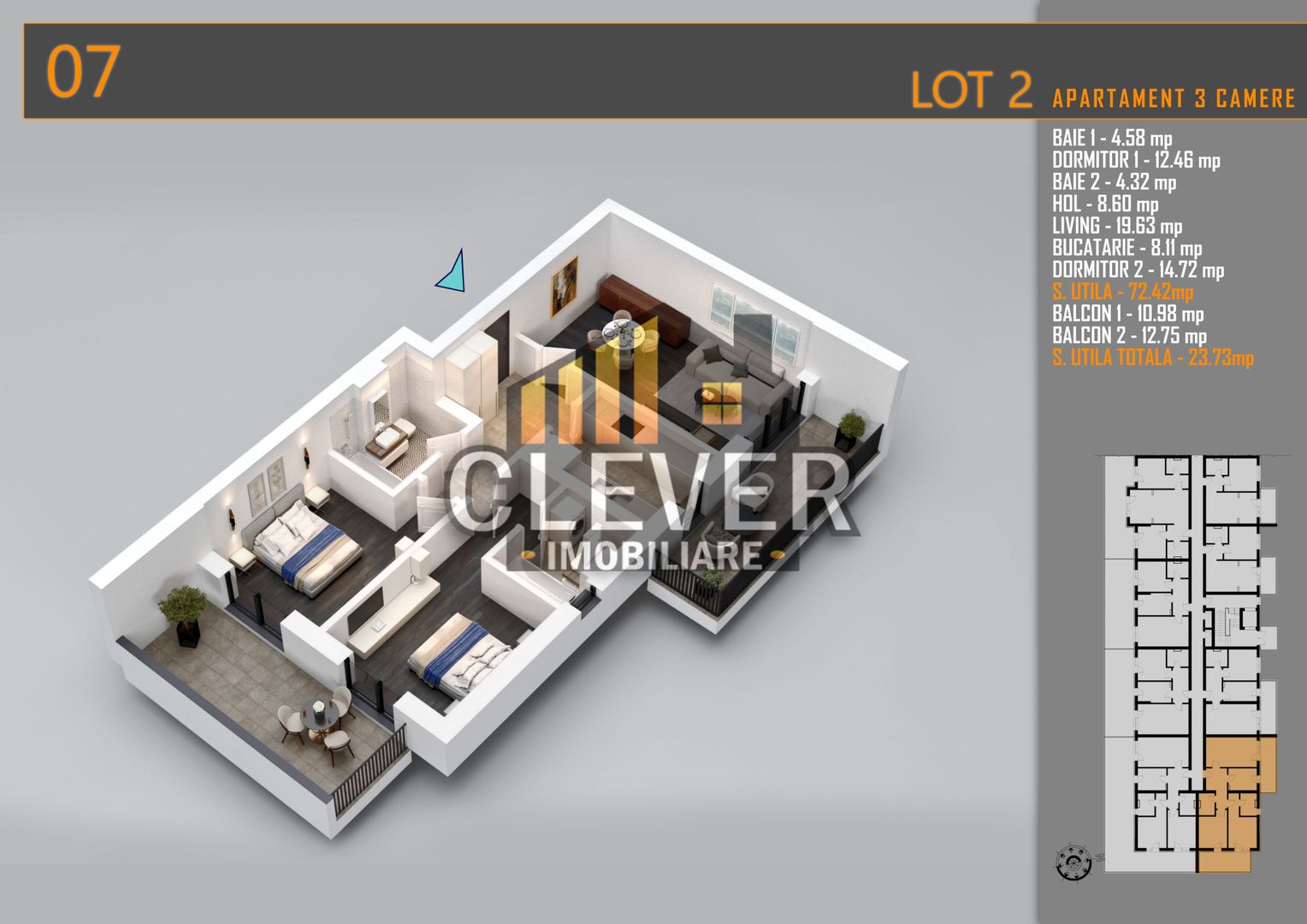 Apartament 3 Camere Decomandat, 2 balcoane, Comision 0%, Pallady - Schiță 7