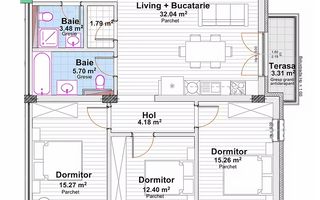 Apartament 4 camare, 96 mp utili si 2 terase, bloc nou, zona Marasti! - Schiță 2
