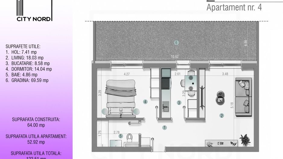 Apartament 4 – 2 camere – 52.9 mp – Grădină – Parter - Poză 1
