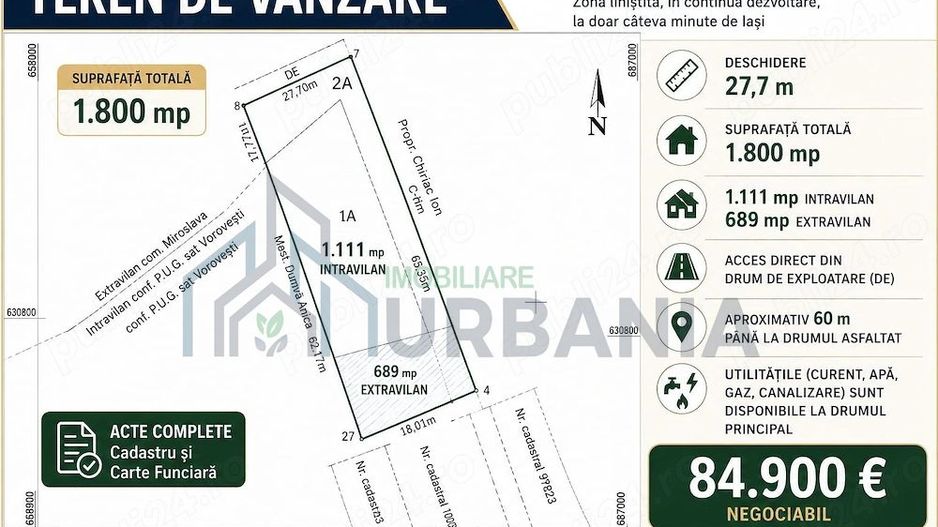 Teren de vânzare în Vorovești (Miroslava) - 1.800 mp, 1.111 mp intravilan - Poză 1
