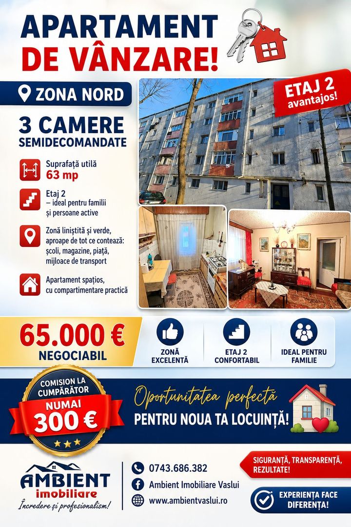 Apartament cu 3 camere, etaj 2, zona NORD; - Poză 1