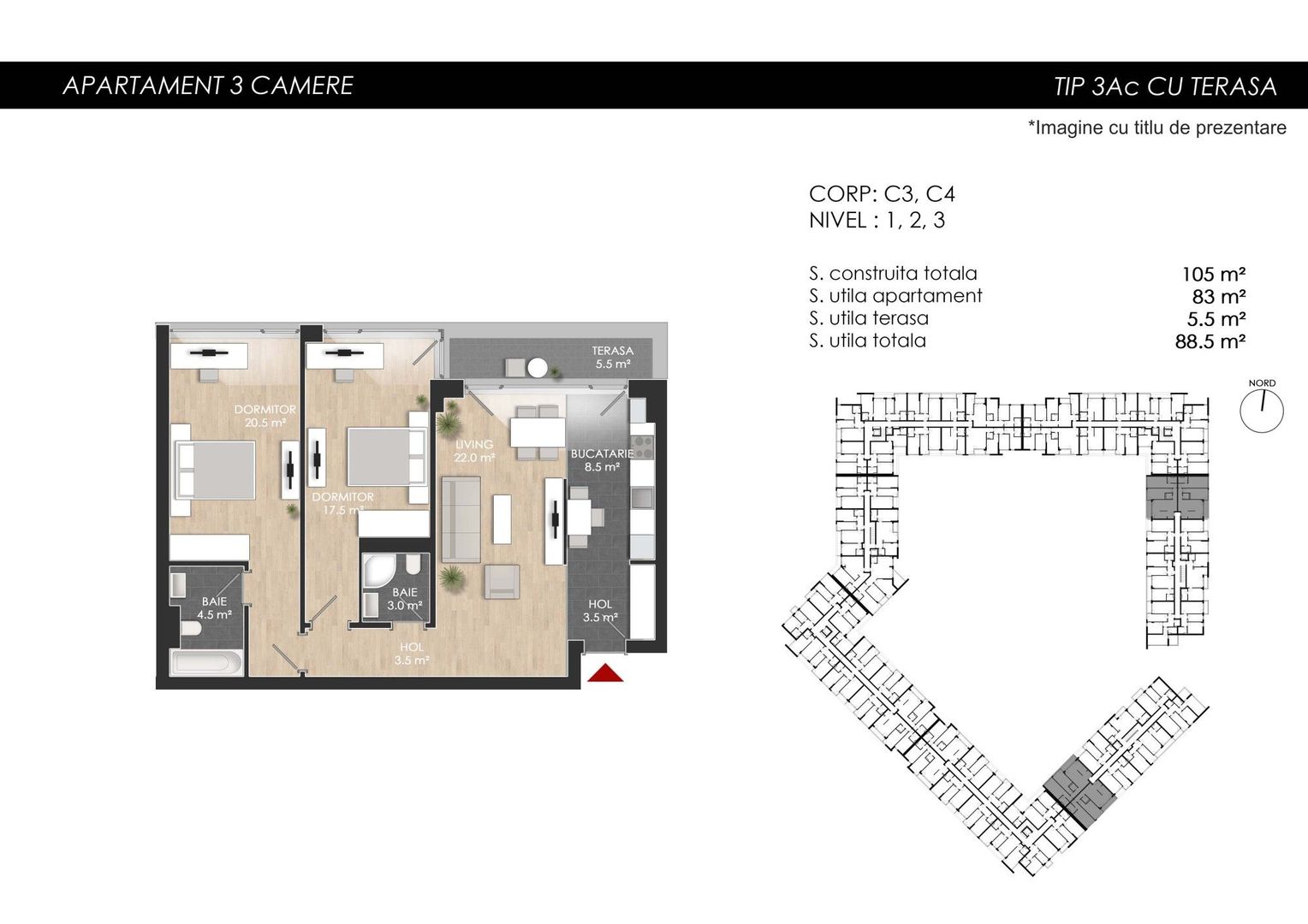 3 camere. Dormitor matrimonial cu baie en-suite. 83 mp Utili. - Poză 17