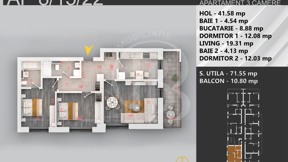 3 camere decomandat bloc boutique 7min STB Bratarii - Schiță 10