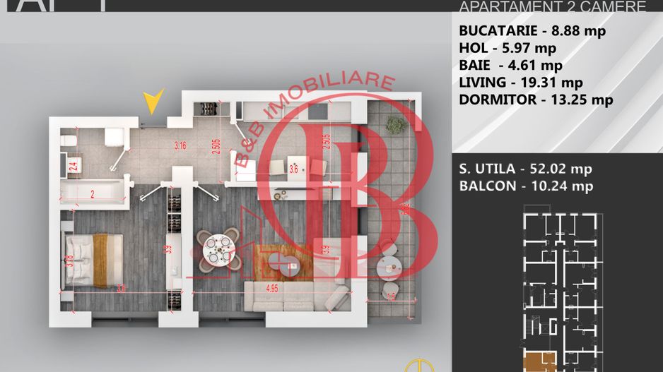 Apartament 2 camere bloc boutique parcul Teilor - Schiță 2