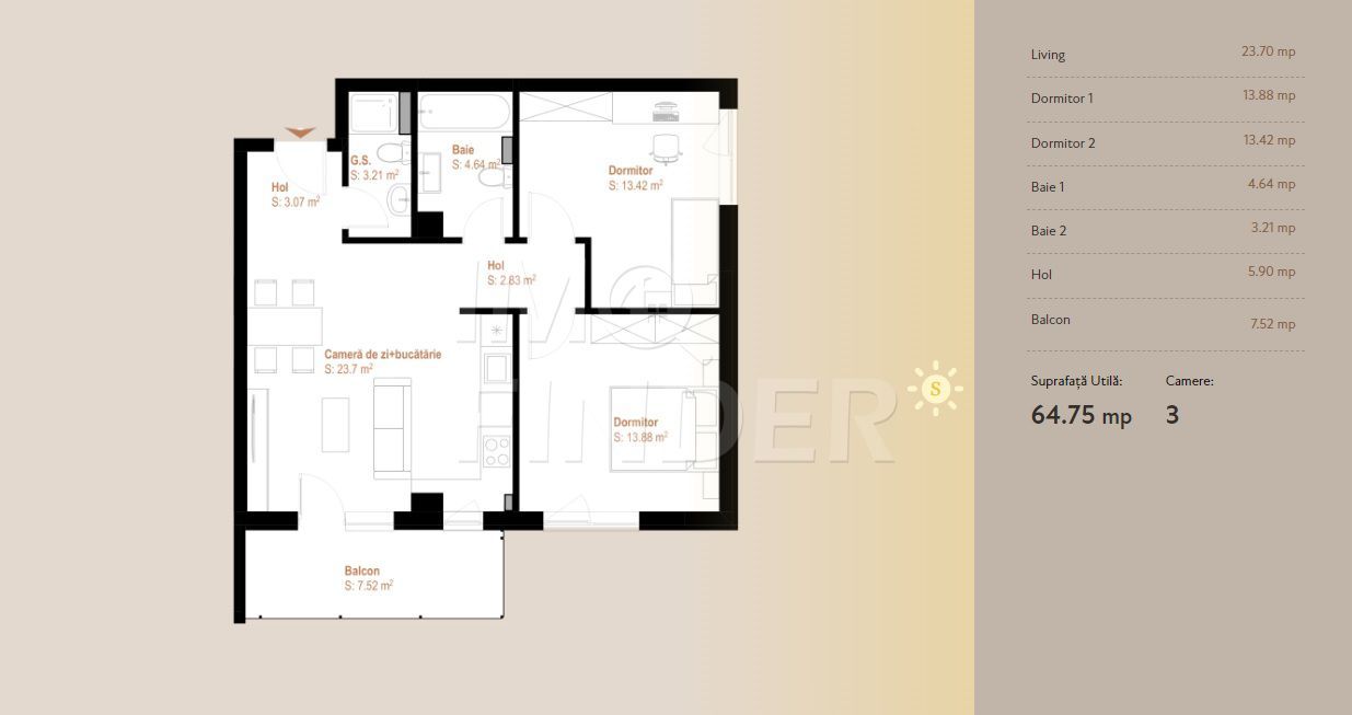 Vanzare 3 camere 65 mp plus balcon, zona VIVO - Poză 3