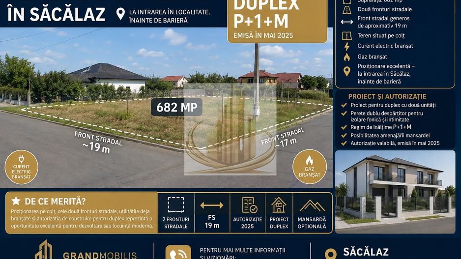 Săcălaz | Teren 682 mp | Proiect + Autorizație Duplex | 2 Fronturi - Poză 1