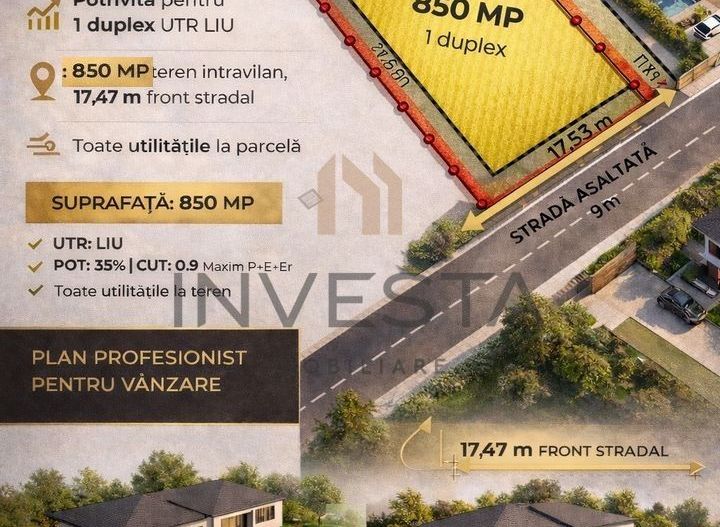 Teren 850 mp cu front de 17.47 m pretabil pentru duplex! Autorizabil! - Poză 1