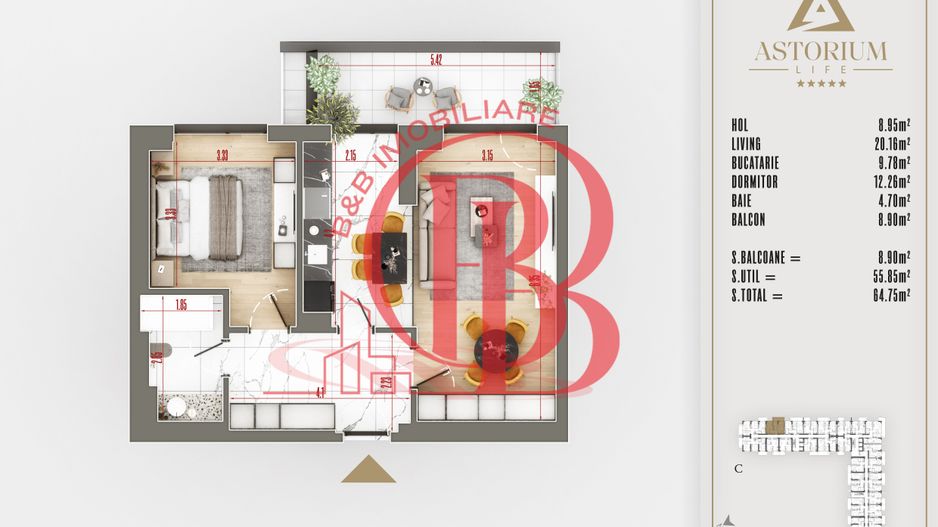 2 camere decomandat- proiect premium Titan Pallady - Schiță 1