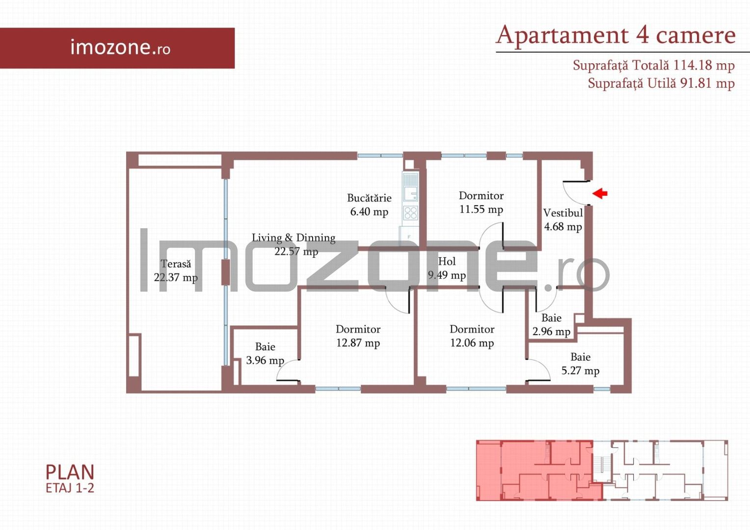 4 camere cu terasa de 22 mp, 3 bai, etaj 1/3, FINISAT MODERN,  COMISION 0% - Poză 5