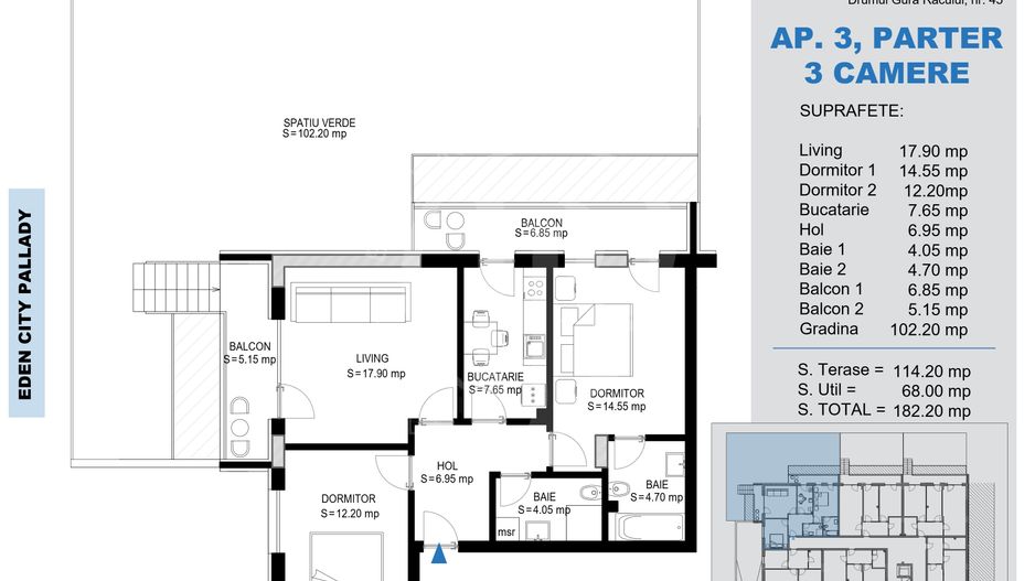 3 Camere cu gradina 102mp -Titan Pallady-Metrou Teclu - Schiță 2