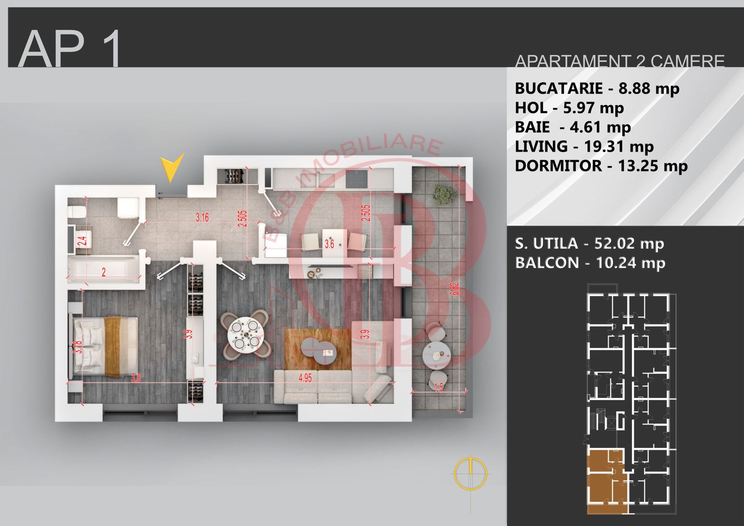 Apartament 2 camere bloc boutique parcul Teilor - Schiță 2