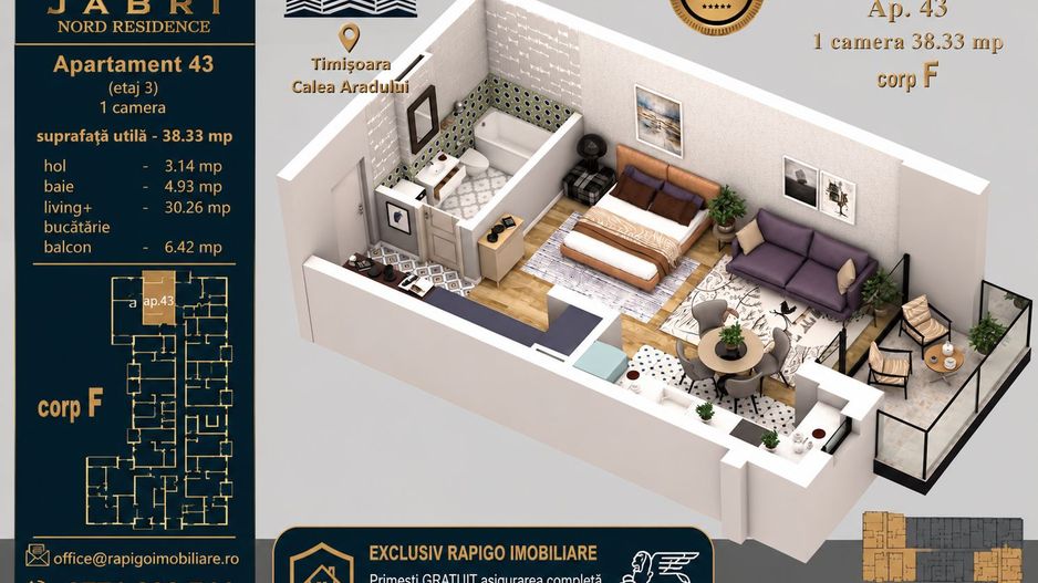 Apartament 43, Corp F – Studio | 38,51 mp | Etaj 3 | Jabri Nord Reside - Poză 1