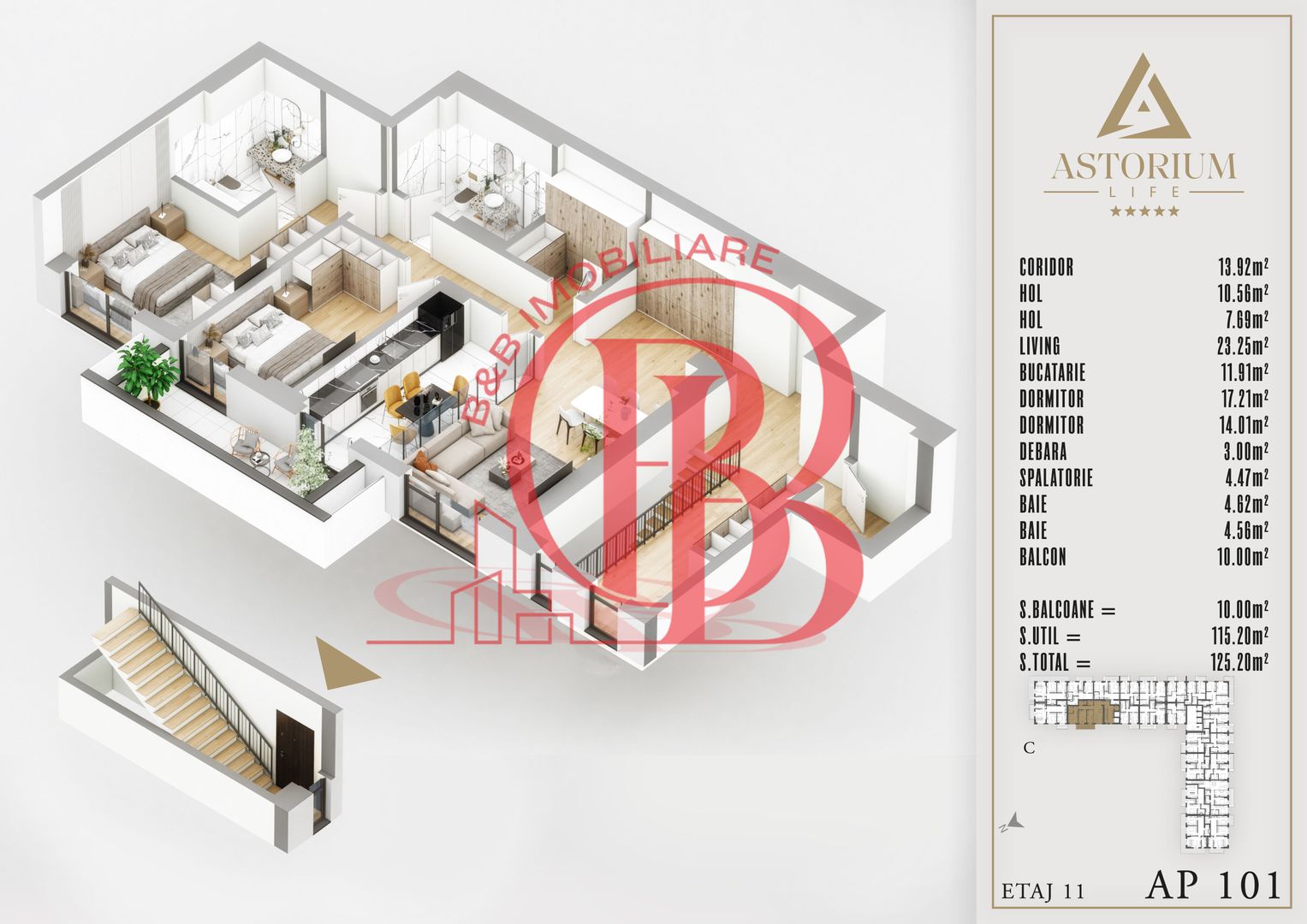 3 camere Duplex cu 2 locuri depozitare  Proiect Premium Titan Pallady - Schiță 6