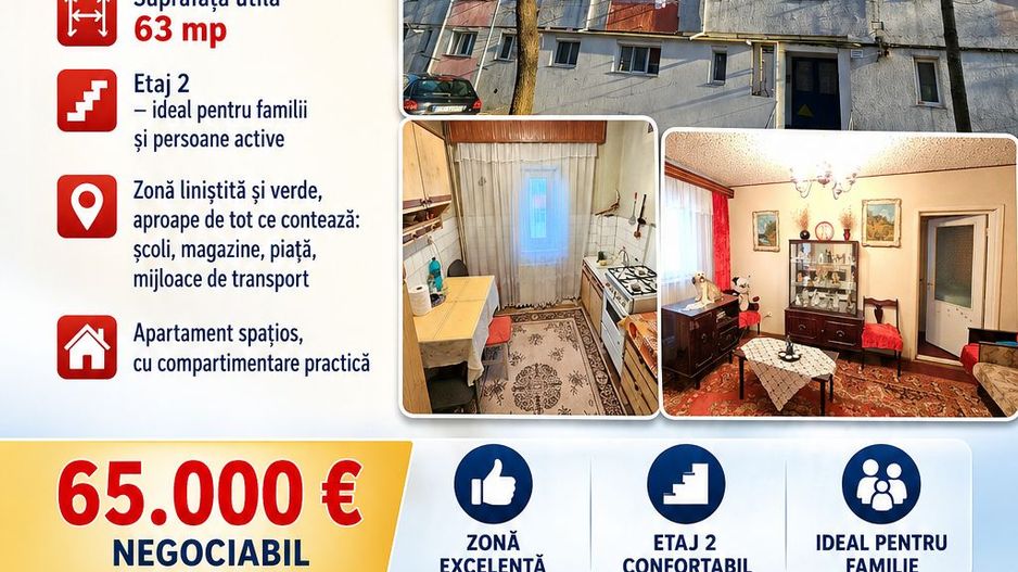 Apartament cu 3 camere, etaj 2, zona NORD; - Poză 1