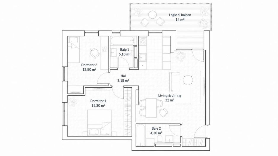 Apartament 3 camere, 72,35 mp, 2 bai + terasa 14 mp | Mehala | Comision 0% - Schiță 25