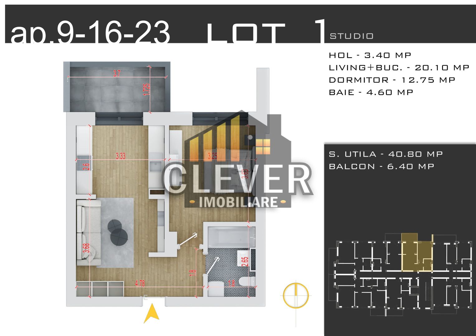 Studio 2 camere | Parcare Cadou și Finisaje la Alegere - Schiță 8