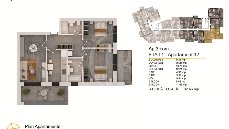 Apartament 3 camere Titan-Pallady cu Loc de Parcare Gratuit - Schiță 2